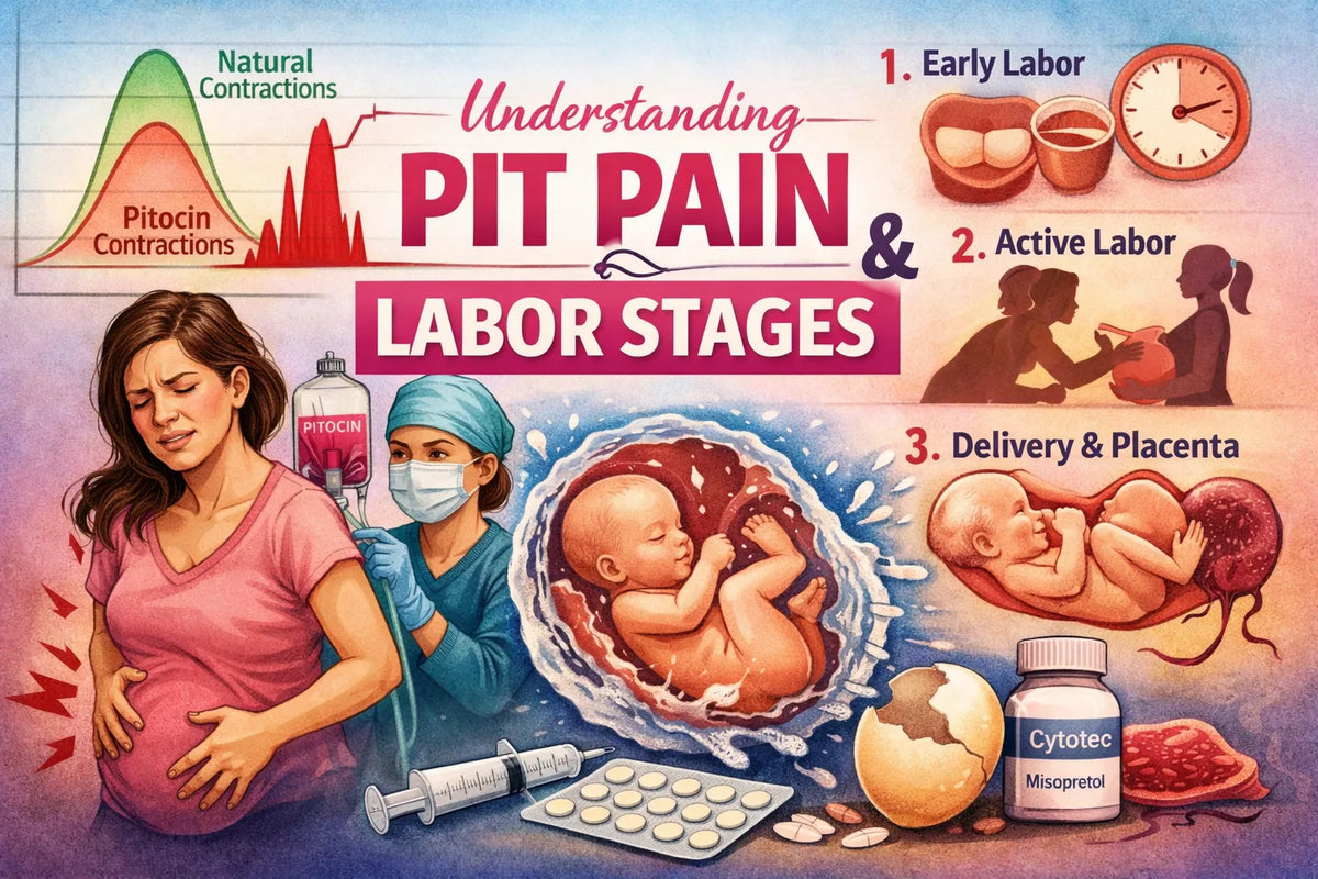 Diagram showing stages of natural labor vs Pitocin-induced contractions and cervix dilation